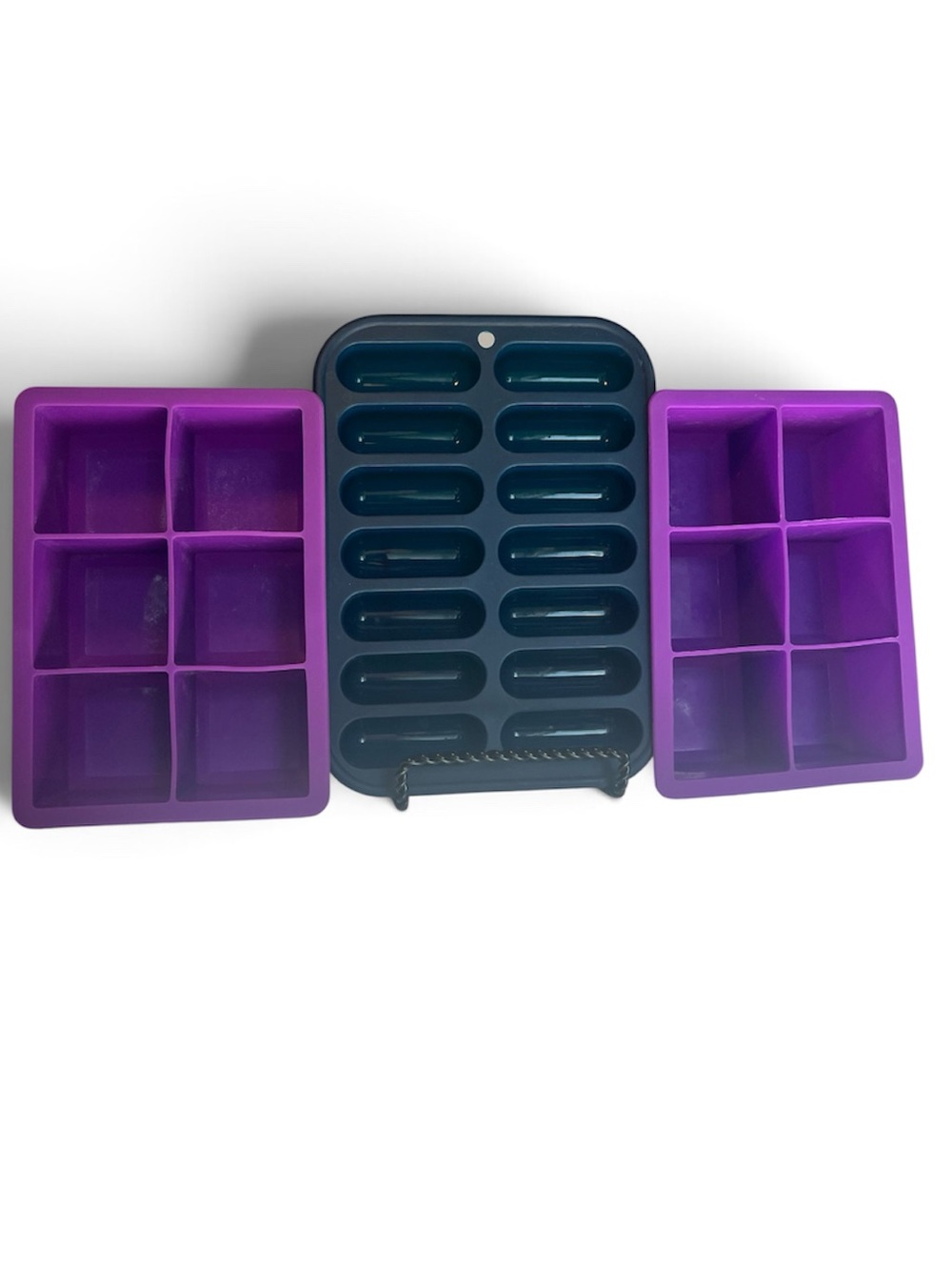 Three Silicone Ice Cube Molds Set (Whiskey & Water Bottle) Navy & Purple.